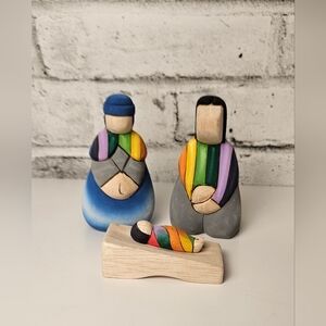 Hand-Carved Wooden Rainbow Nativity Set | Modern Minimalist Folk Art